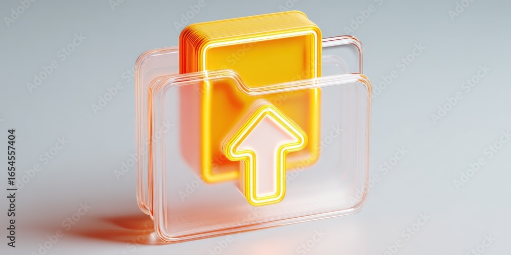 Poster stylized file upload icon with glass folder and up arrow, representing data transfer