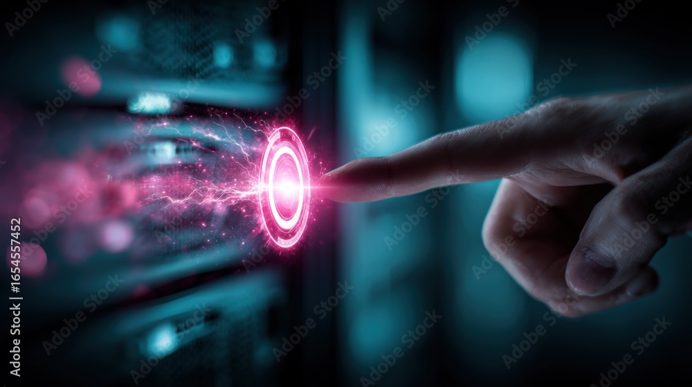 Poster finger touching a glowing power button, activating system with visualized energy flow, representing 