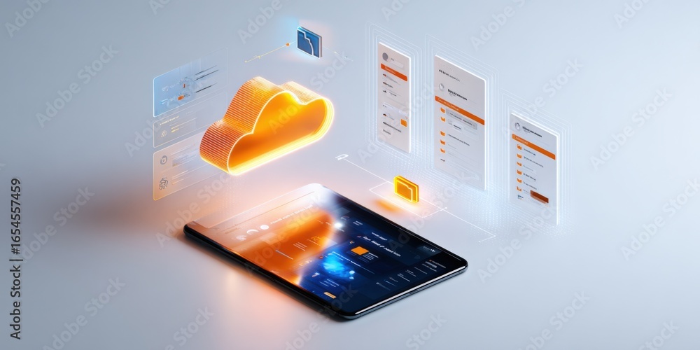 Poster cloud computing on a tablet device with abstract ui elements for modern technology