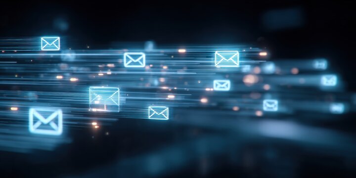 Digital communication concept with glowing email icons representing electronic mail flow in cyberspace and internet connectivity