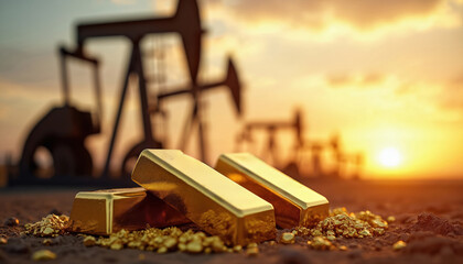 Gold bars, crude oil rigs sit in ground at sunset. Shiny precious metal bars, energetic industry equipment represent wealth, resource extraction. Both assets signify financial investment, global