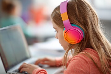 Young girl focuses on her laptop during a tech class, wearing vibrant headphones that enhance her learning experience in a cheerful classroom environment