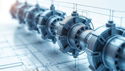 Detailed mechanical schematics feature precision-engineered components in clean, technologically advanced setting. Intricate outlines, structural diagrams suggest engineering, industrial design,