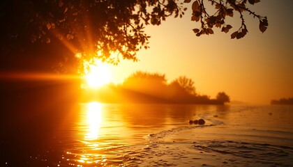 Golden sunbeams piercing through misty river trees