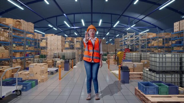 Full Body Of Asian Female Engineer With Safety Helmet Disapproving With No Hand Sign While Standing in Spacious Warehouse with Rows of Shelving