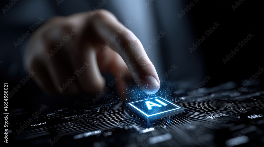 Aufkleber activating artificial intelligence: hand presses glowing ai button on circuit board, symbolizing tec