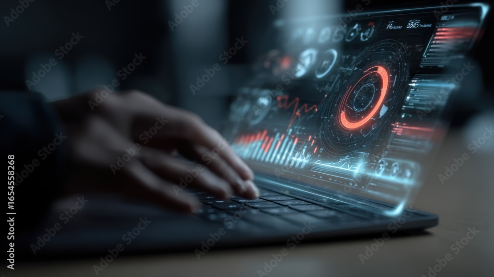 Poster futuristic technology interface displayed on laptop with person typing, representing data analysis a