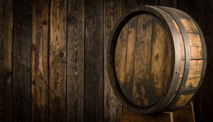 Wooden barrel against a rustic wall