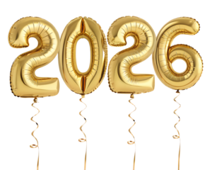 Golden foil balloons spelling out the year twenty twenty six on a transparent background image