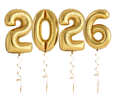Golden foil balloons spelling out the year twenty twenty six on a transparent background image