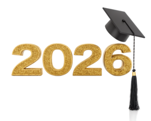 Golden year two thousand twenty six with graduation cap and tassel on a black background scene