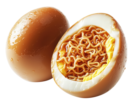 Boiled egg split half reveals surprising filling of noodles inside, creating unique and intriguing culinary fusion. glossy texture of egg contrasts with intricate noodle pattern, isolated