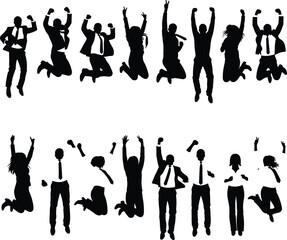 Business people jumping silhouettes, team celebration, success concept, corporate joy, energetic pose, office attire, teamwork, motivation, achievement