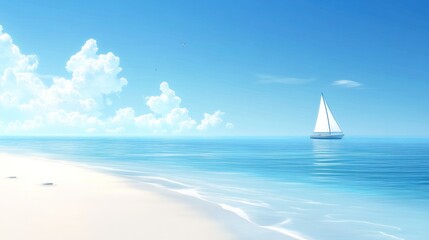 Obraz premium Serene seascape with sailboat on turquoise water under a clear blue sky and clouds