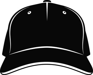 Black and white illustration of classic baseball cap with curved brim, six panels, top button, and front ventilation eyelets for design