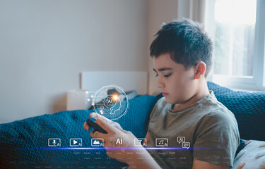 Kid boy learning multiple languages with AI on smartphone. Concept of multilingual education,...