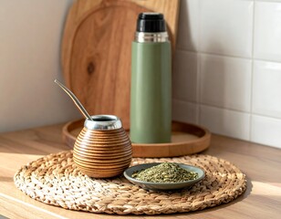 Traditional Yerba Mate Drink with Thermos and Leaves.