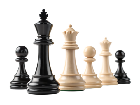 A group of chess pieces including pawns king and queens arranged on a black background in a studio shot