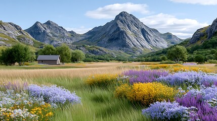 Spring Meadow Embracing Cabin with Majestic Mountain Background
