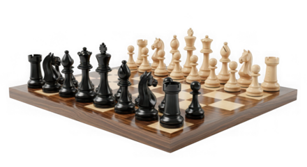 Chessboard with pieces ready for a game isolated on transparent background
