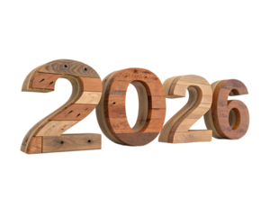 Wooden year two thousand and twenty six displayed against a black background in a studio setting