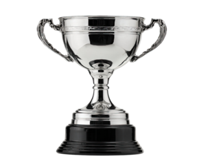 Polished silver trophy cup with ornate handles and black base