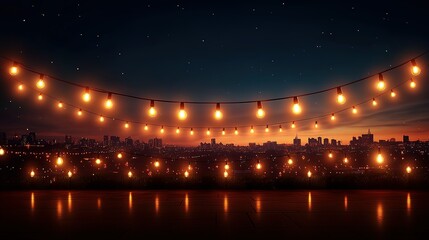 Fototapeta premium String lights illuminate a cityscape at night reflecting in the water.