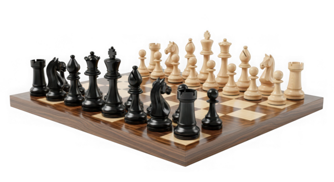 Chessboard with pieces ready for a game isolated on transparent background