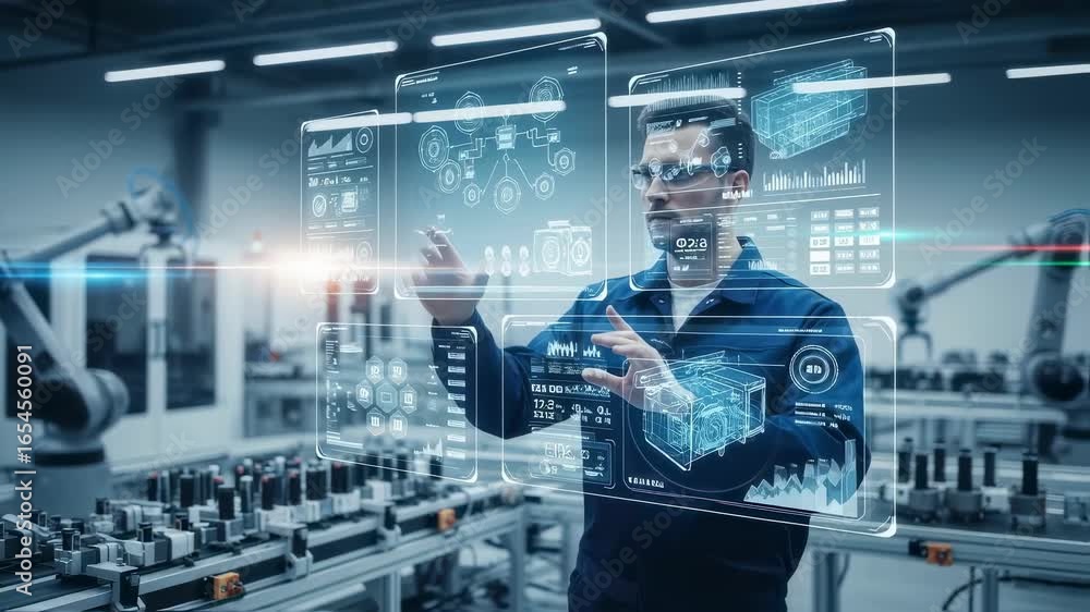 Poster factory technician interacting with holographic screens to optimize production processes in an advan