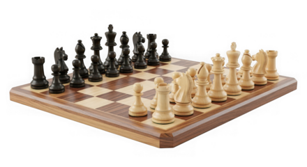 Chessboard with pieces ready for a game isolated on transparent background