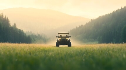 Fototapeta premium Golf cart driving through a grassy field at sunset