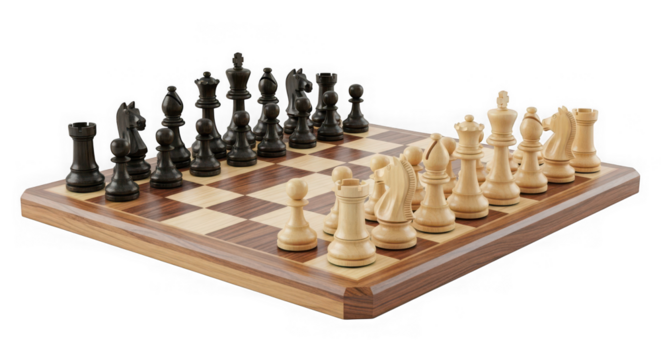 Chessboard with pieces ready for a game isolated on transparent background