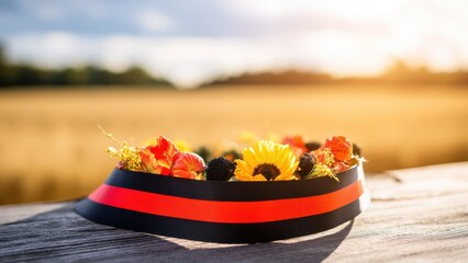 Autumnal ribbon wreath against agricultural background for festivals