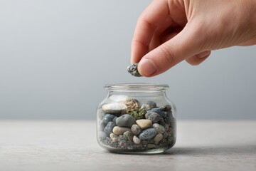 A hand places a small pebble into a jar of stones, representing progress in a personal achievement therapy exercise aimed at building confidence