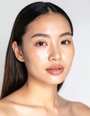 Obraz premium 透明感ある肌が際立つアジア人女性のクローズアップ, ナチュラルメイクと輝く美しさ, 高級スキンケア広告に適した写真, Ultra-realistic close-up of young Asian woman, radiant flawless skin, minimal makeup, glowing under dreamy soft light, skincare commercial