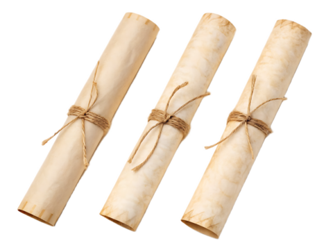 Three aged paper scrolls tied with twine displayed against a black background in a diagonal line