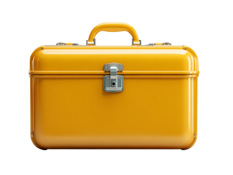 Stylish travel suitcase with metallic lock and smooth surface, PNG transparent background