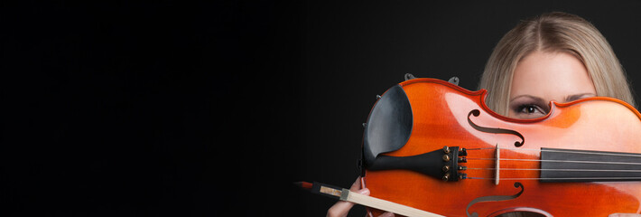 Woman with Violin Wide Banner with Copy Space