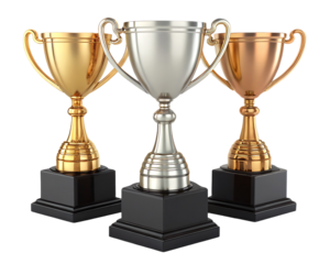 A gold silver and bronze trophy set on black bases against a black background in a studio shot