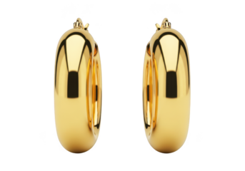 Pair of polished gold hoop earrings isolated on transparent background