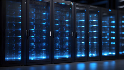 Modern server racks glowing with vibrant blue lights create a high-tech data center atmosphere.