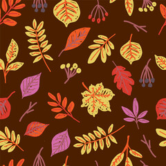 Seamless pattern with autumn leaves, berries and branches on dark background. Fall foliage and seasonal nature concept. Hand drawn illustration.