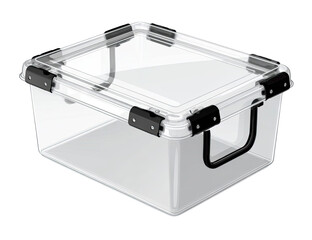 Clear plastic storage box with black latches and handle