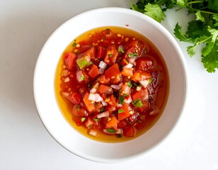 Vibrant Homemade Salsa in White Bowl with Cilantro.