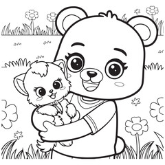 Obraz premium Cozy Routine, cute Kawaii Bear, coloring pages with Black and white vector illustration For Adults & Kids 