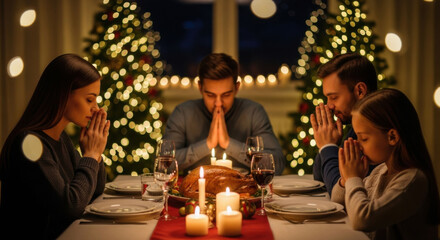 Christmas family dinner scene with Christian family praying together at table before meal. Father, mother, and child in religious ceremony.