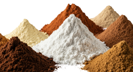Assortment of different protein and supplement powders in piles isolated PNG with Transparent Background