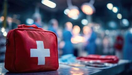 Red first-aid kit on a hospital table, blurred surgical background