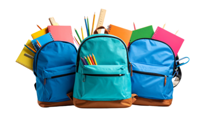  “Colorful School Bags with Stationery Overflowing from the Top, Isolated PNG”.