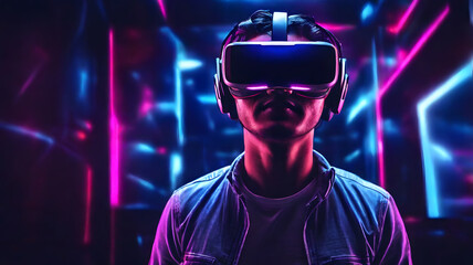 Immersive VR experience with glowing neon lights transports user to futuristic digital world